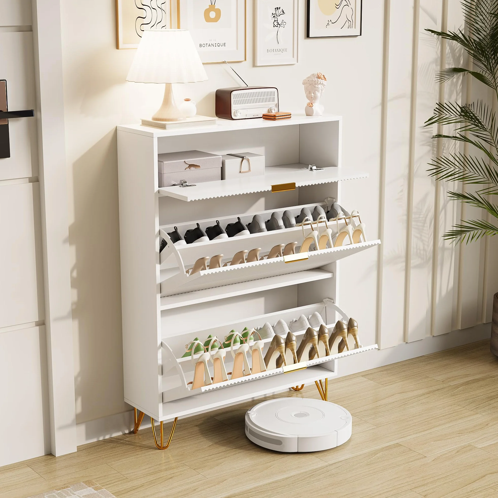 Keebgyy Szafka na buty, wolnostojąca szafka na buty, nowoczesny wąski organizer na buty z metalową nogą, szafka na buty, do przedpokoju, salonu, 3 drzwi