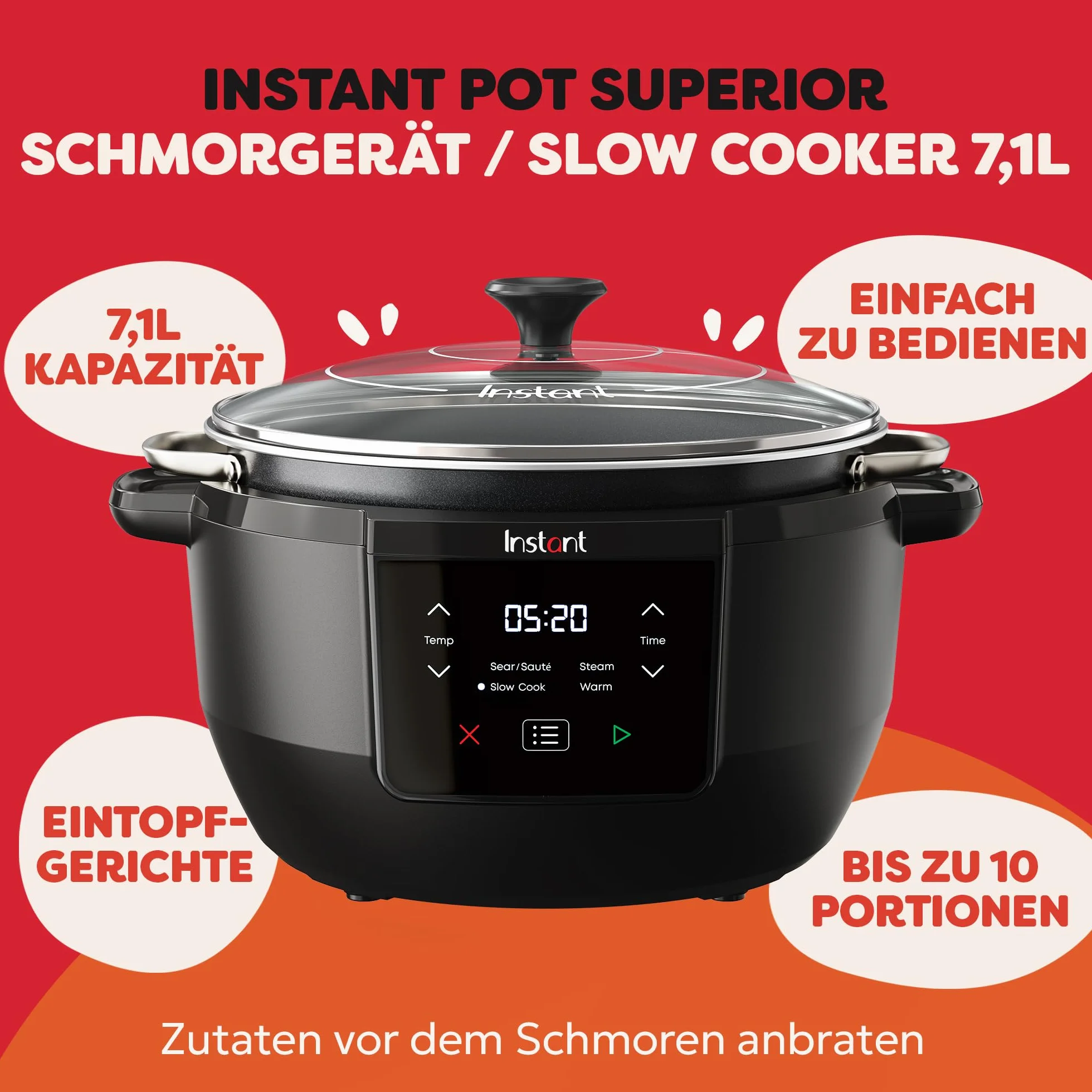 Instant Pot Superior Slow Cooker/wolnowar, 7,1 l wielofunkcyjna kuchenka / 4 funkcje gotowania (gotowanie na miękko, smażenie, gotowanie na parze i funkcja utrzymywania ciepła), nadaje się do mycia w