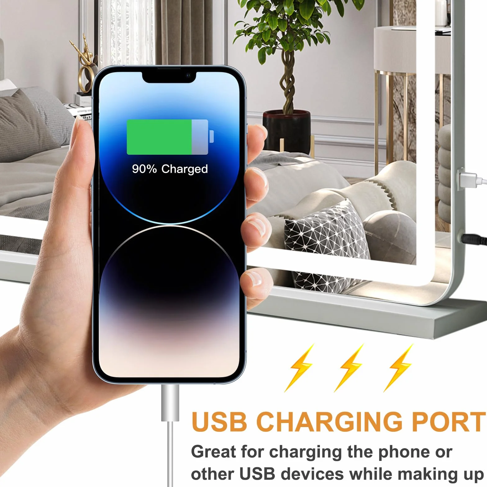 Hollywood lustro do makijażu z oświetleniem, lustro Hollywood z 3 temperaturami barwowymi, duże lusterko do makijażu z ekranem dotykowym i USB, 80 x 57 cm