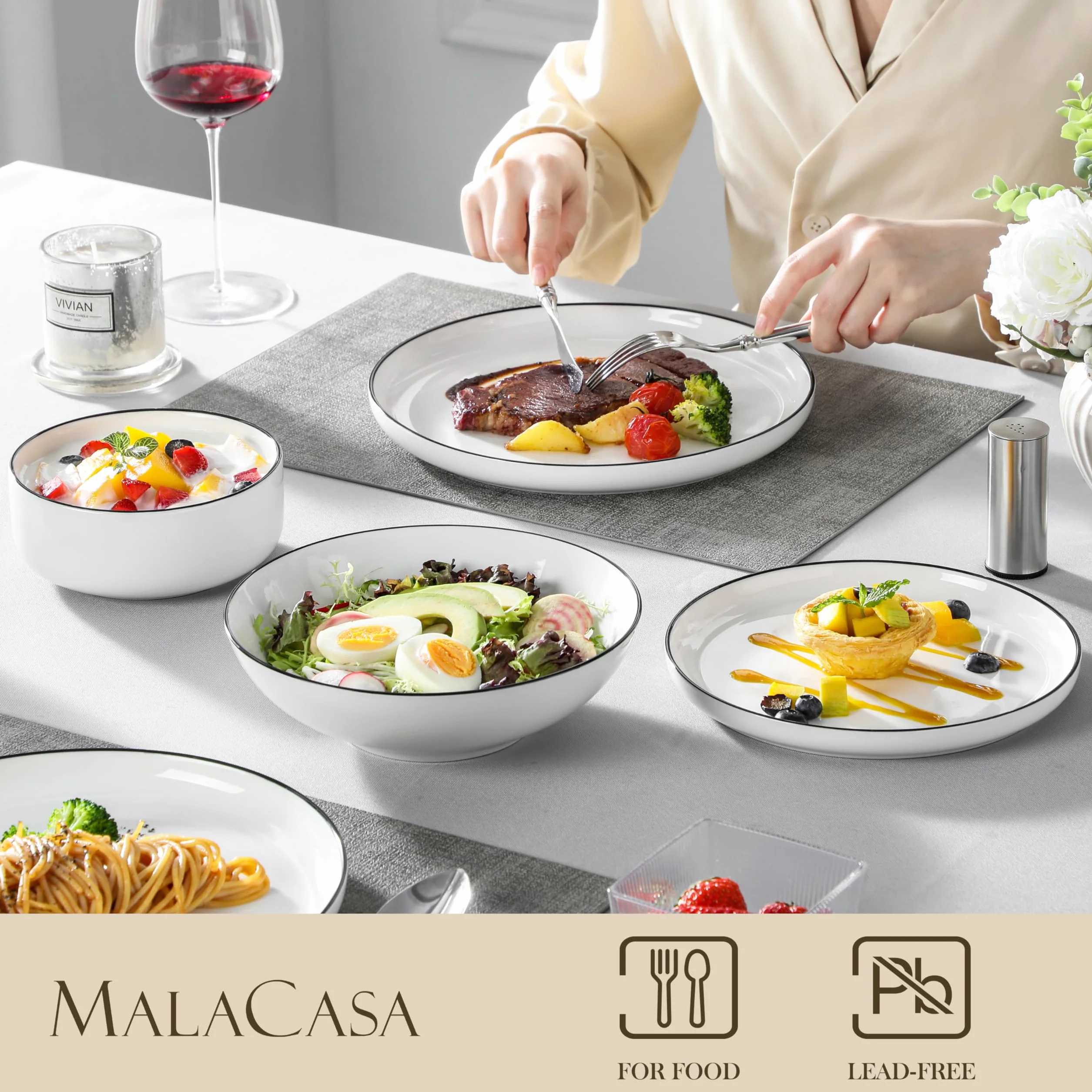MALACASA Seria LUNA, 24-częściowy porcelanowy serwis stołowy, zestaw naczyń, biały z czarną krawędzią, po 6 talerzy obiadowych, talerzy deserowych, miseczek do musli, dla 6 osób