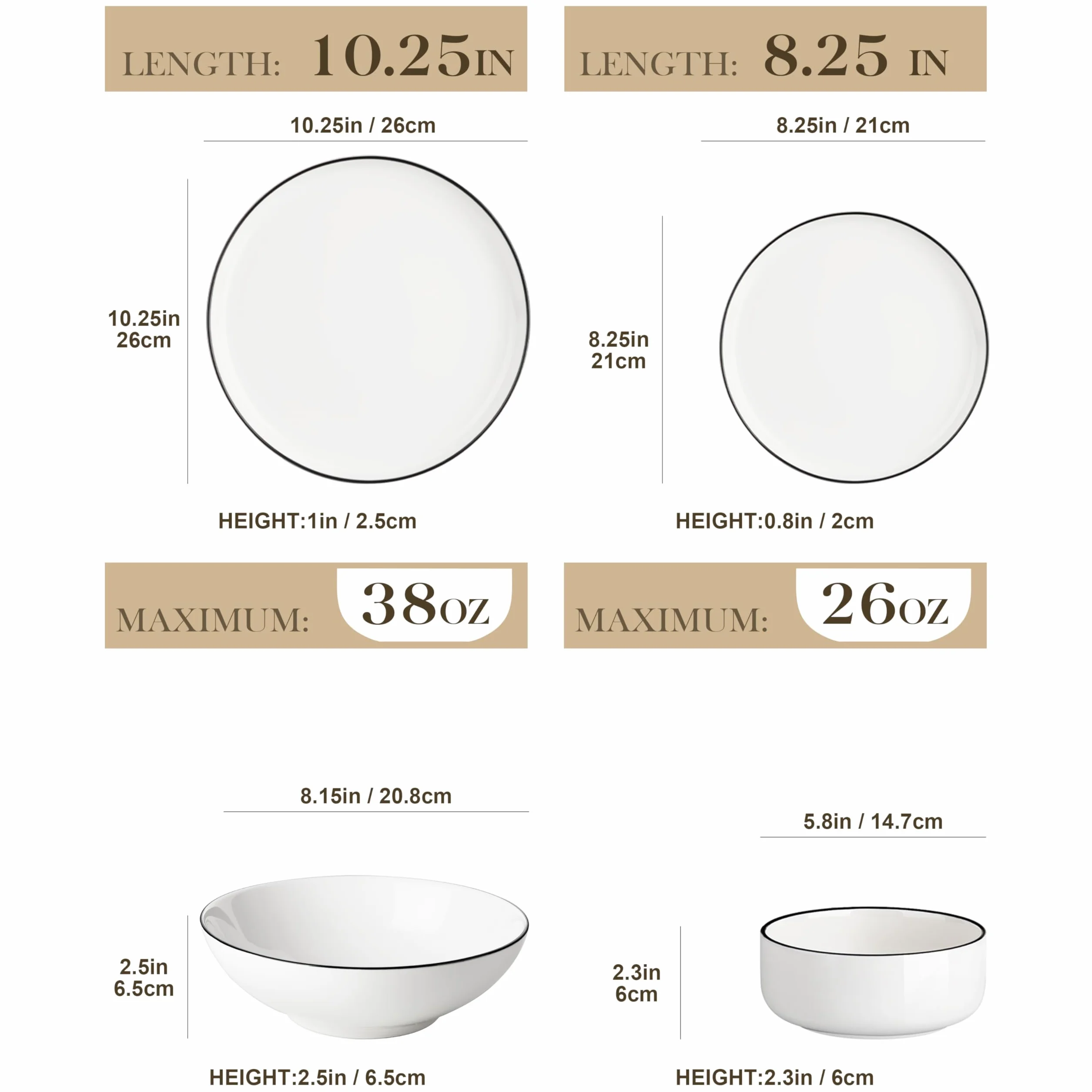 MALACASA Seria LUNA, 24-częściowy porcelanowy serwis stołowy, zestaw naczyń, biały z czarną krawędzią, po 6 talerzy obiadowych, talerzy deserowych, miseczek do musli, dla 6 osób