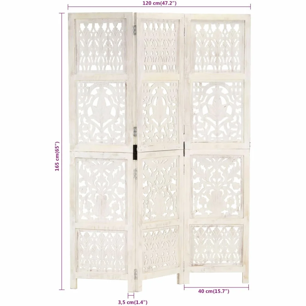 vidaXL Parawan 3-panelowy rzeźbiony biały 120x165 cm drewno mango
