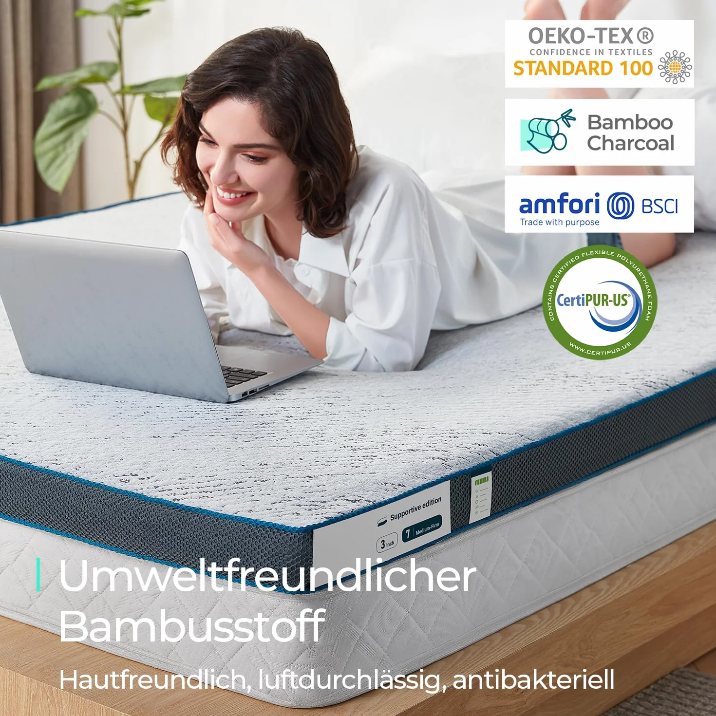 LINSY HOME Nakładka na materac żelowa, 160 x 200 cm, wysokość 7,5 cm, nakładka na materac z pianki z pamięcią kształtu, twardość H4/H5, z nadającą się do prania materiałem bambusowym