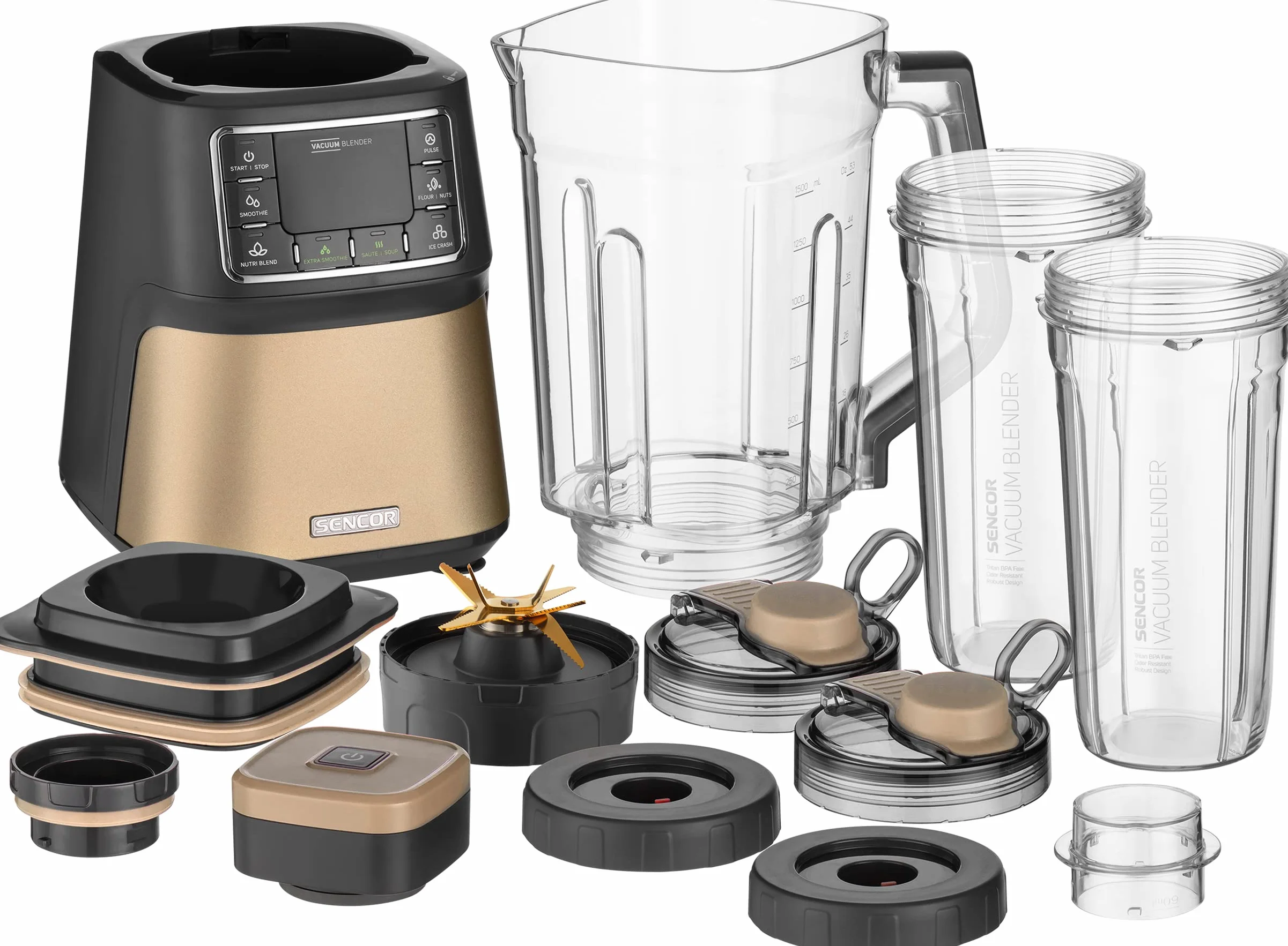 SENCOR 7878BK SBU 7877CH automatyczny mikser próżniowy, 1500 W, smoothie, 7 programów, szampański, tworzywo sztuczne, mililitry, biały