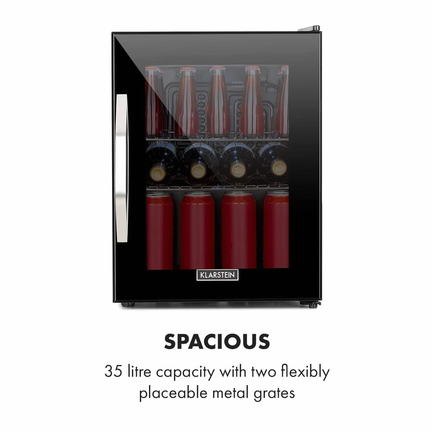 Klarstein Beersafe Onyx - Lodówka na napoje, 5 poziomów chłodzenia, klasa efektywności energetycznej C, 42 dB, 2 elastyczne metalowe półki, oświetlenie LED, lodówka na butelki, szklane drzwi z czarną ramą, 35 L - Onyx