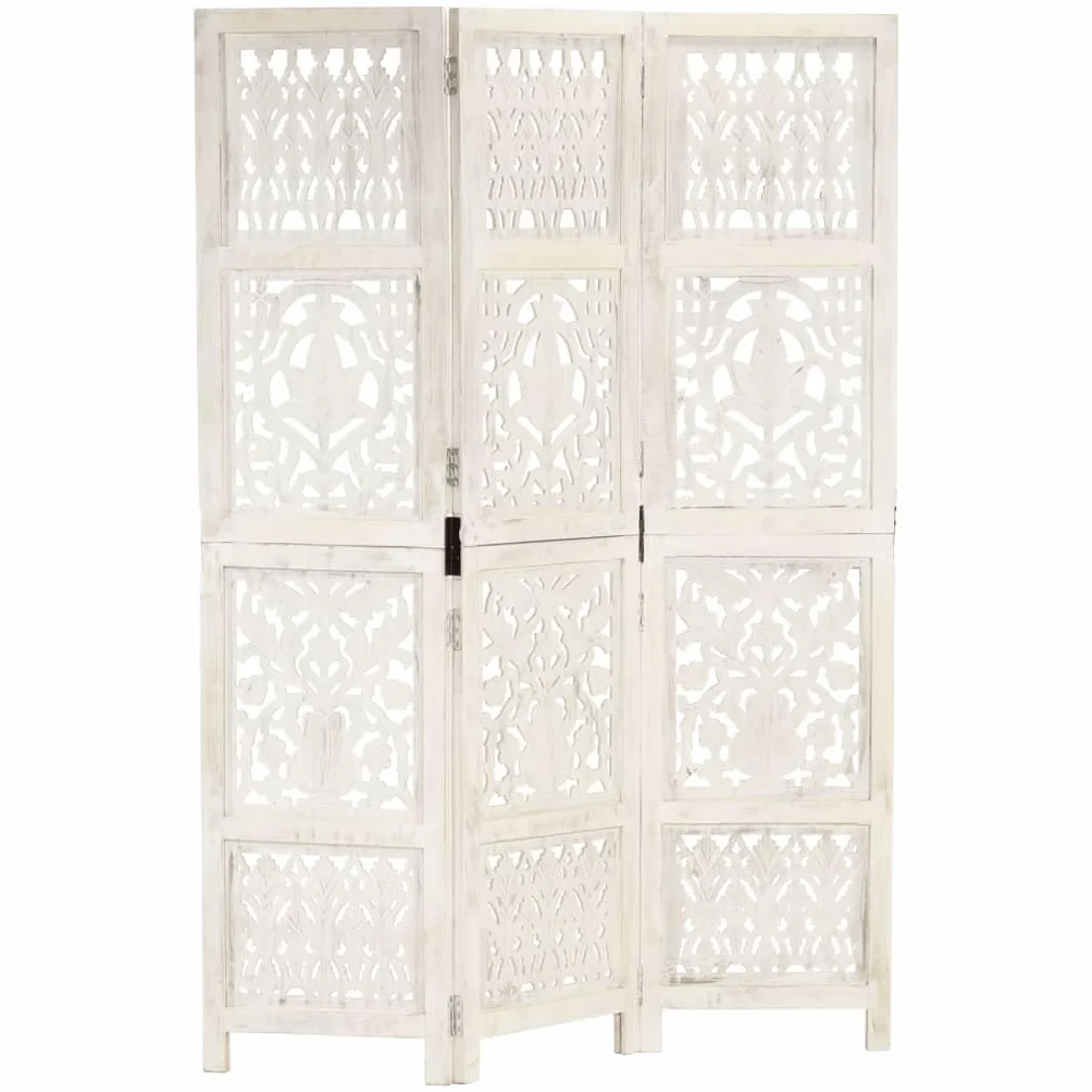 vidaXL Parawan 3-panelowy rzeźbiony biały 120x165 cm drewno mango