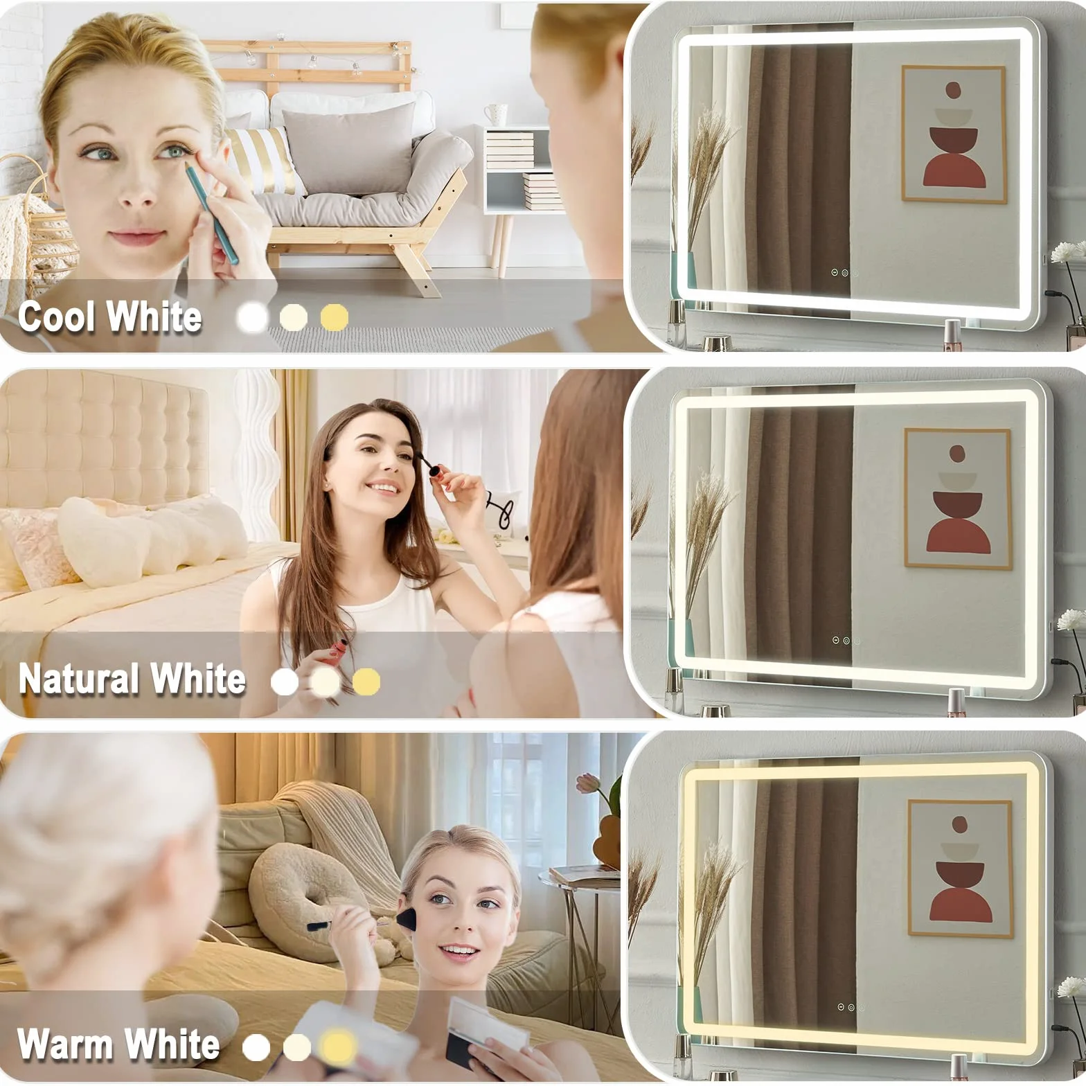 Hollywood lustro do makijażu z oświetleniem, lustro Hollywood z 3 temperaturami barwowymi, duże lusterko do makijażu z ekranem dotykowym i USB, 80 x 57 cm