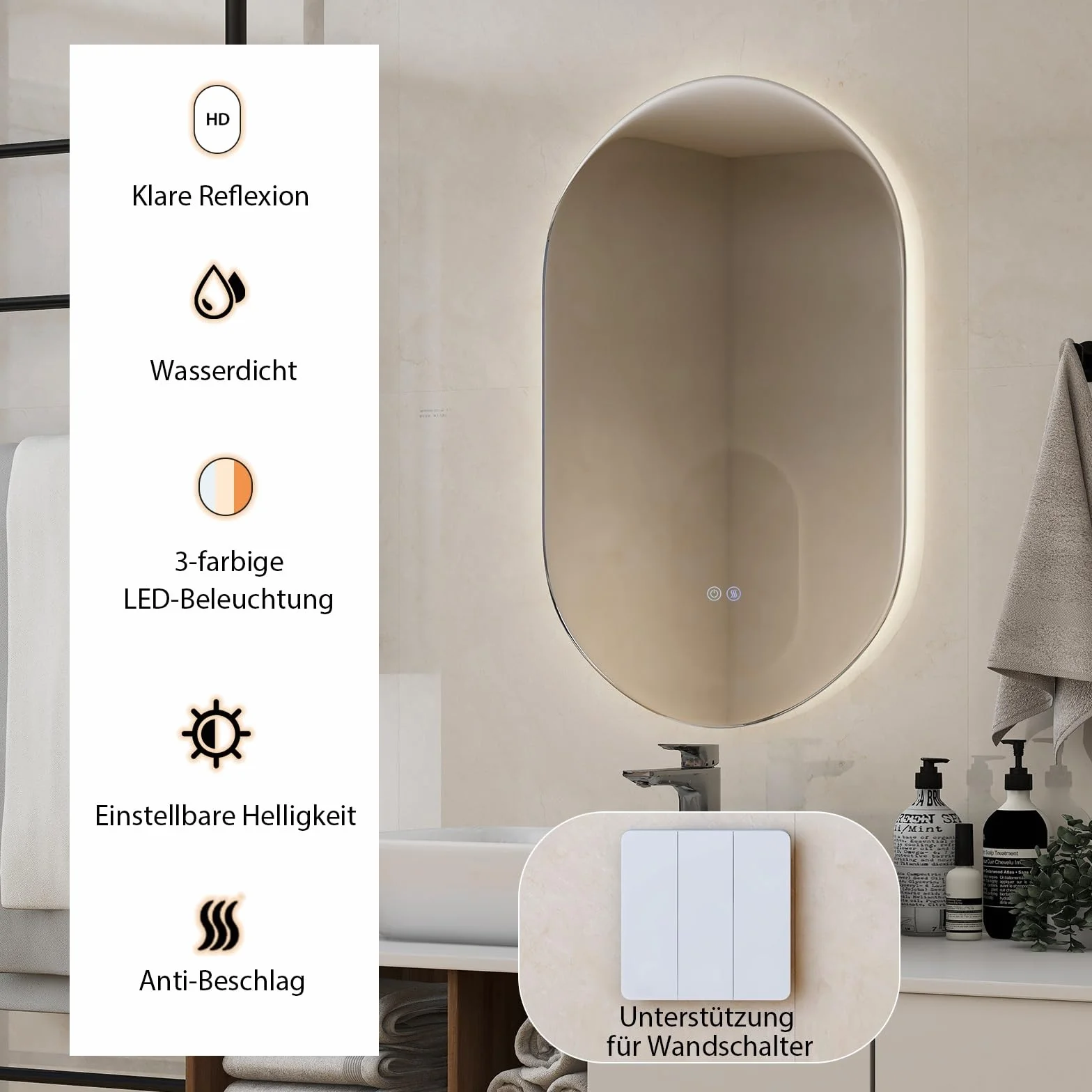 COSTWAY Lustro łazienkowe z oświetleniem LED, 80 x 50 cm, z funkcją zapobiegającą parowaniu, 3000-6500 K, możliwość ściemniania, lustro łazienkowe, lustro ścienne