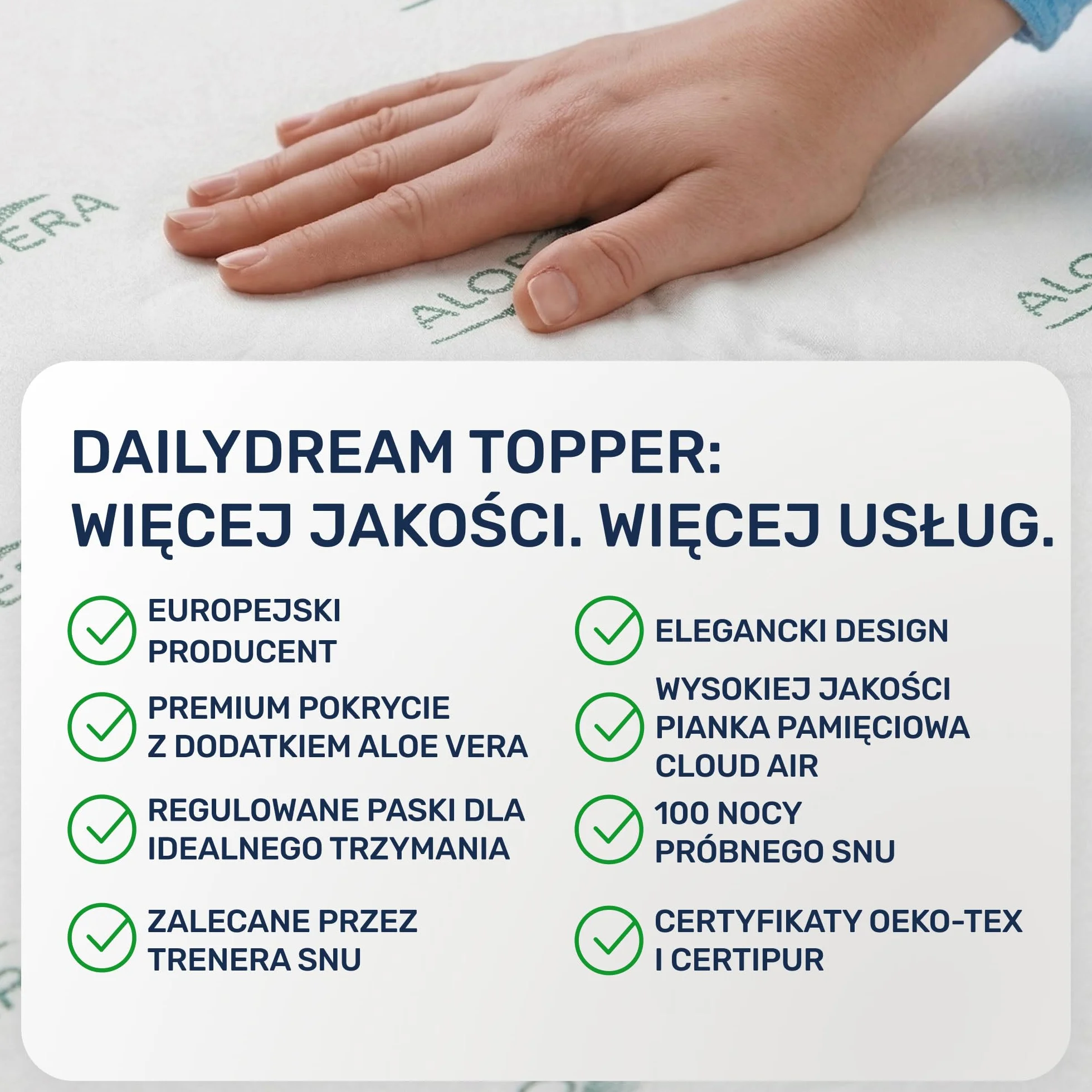 Materac nawierzchniowy wiskoelastyczny Dailydream „Model M” z efektem pianki zapamiętującej kształt, 80x200x5cm, Edition “Aloe Vera”