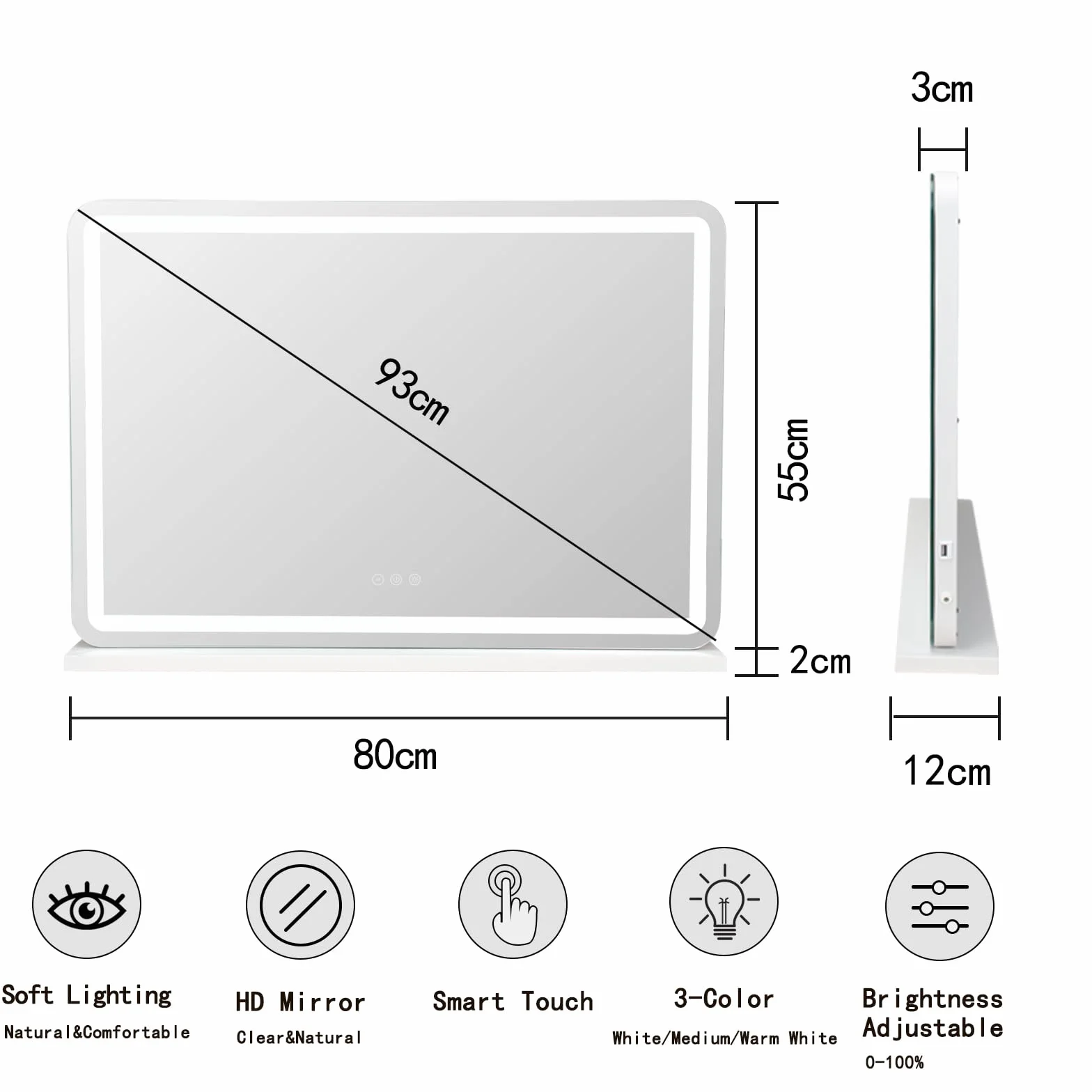 Hollywood lustro do makijażu z oświetleniem, lustro Hollywood z 3 temperaturami barwowymi, duże lusterko do makijażu z ekranem dotykowym i USB, 80 x 57 cm