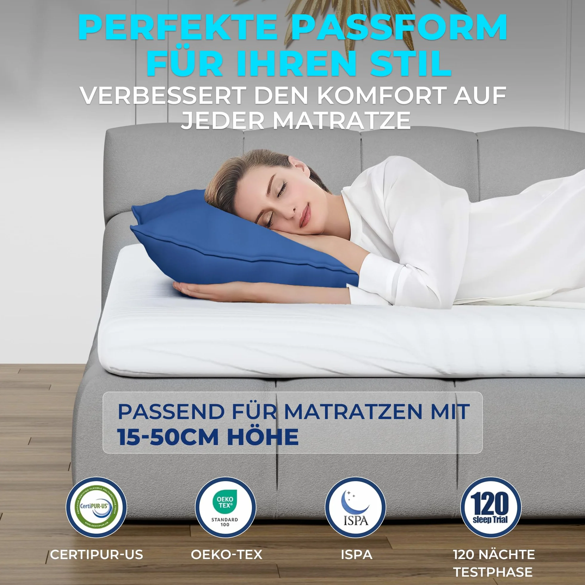 Topper 120x200 cm – nakładka na materac 5 cm z pianki memory Visco, miękka i wygodna, ergonomiczne wsparcie do łóżka, sofy i kampera, wyposażona w pasy antypoślizgowe