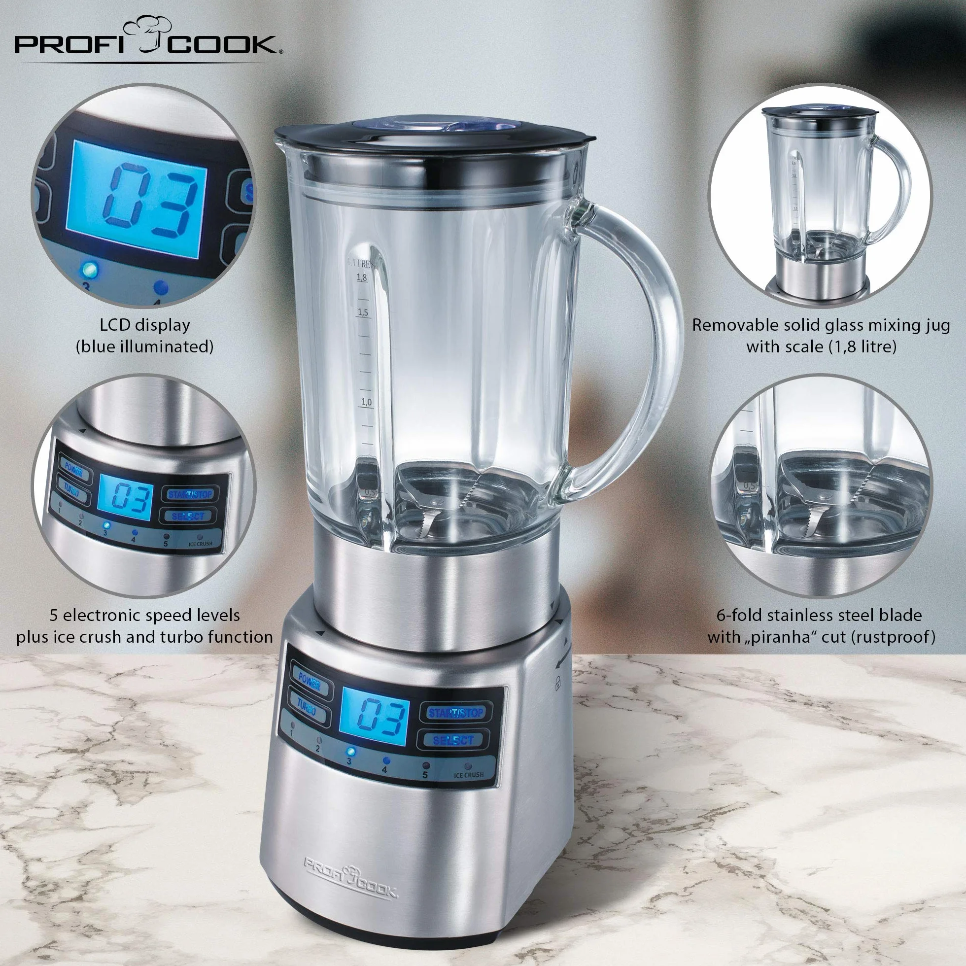 Profi Cook UM-1006 - Uniwersalny blender/mikser - Ze szklaną misą - 1200 W - 13000 obr./min - Kolor srebrny