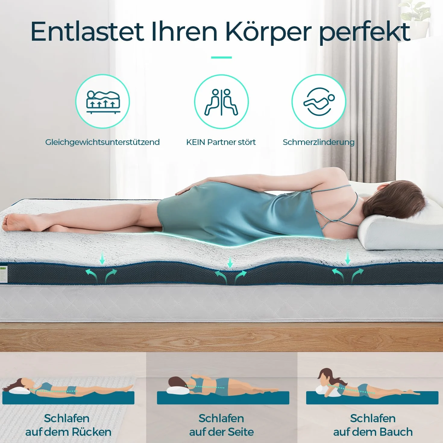 LINSY HOME Nakładka na materac żelowa, 160 x 200 cm, wysokość 7,5 cm, nakładka na materac z pianki z pamięcią kształtu, twardość H4/H5, z nadającą się do prania materiałem bambusowym