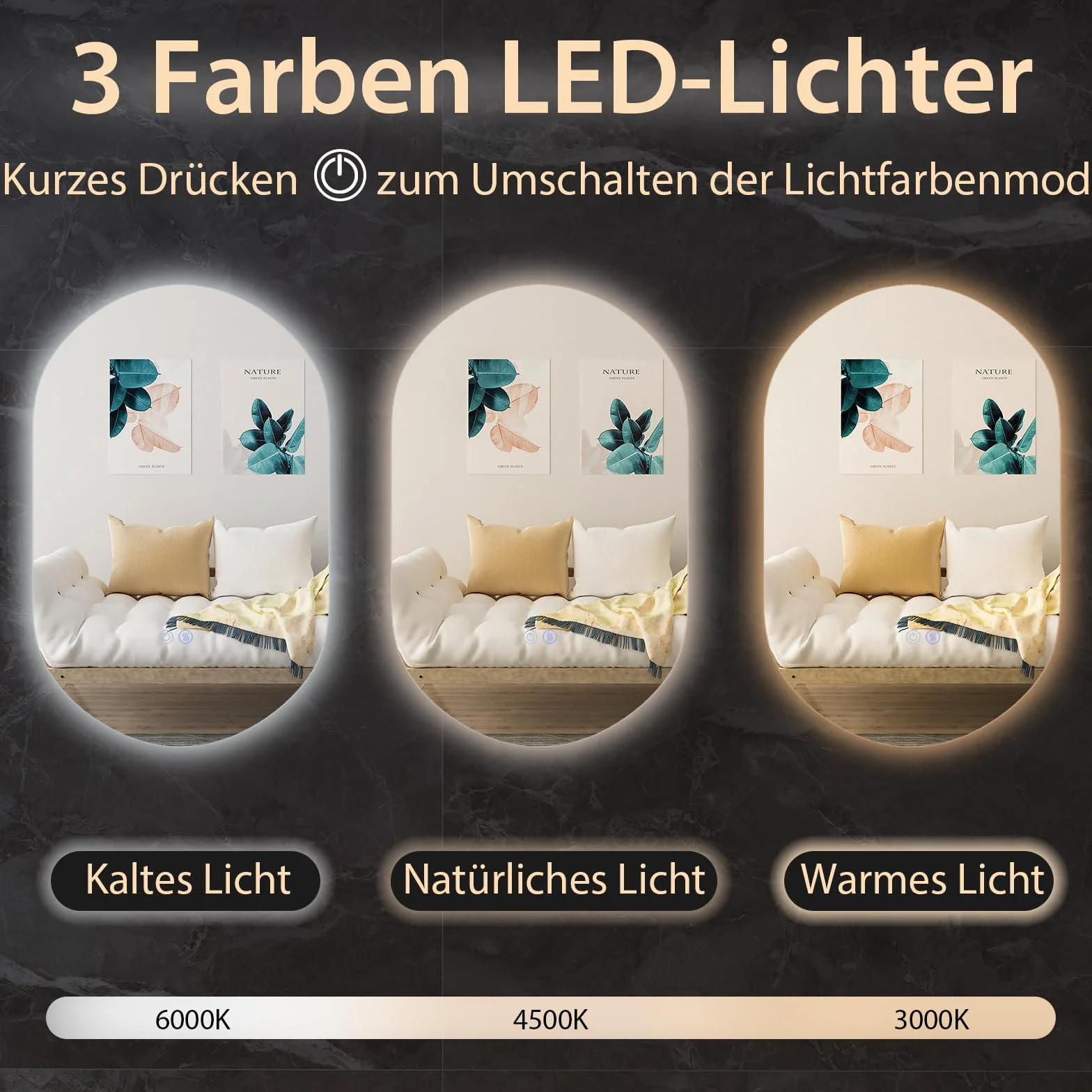 COSTWAY Lustro łazienkowe z oświetleniem LED, 80 x 50 cm, z funkcją zapobiegającą parowaniu, 3000-6500 K, możliwość ściemniania, lustro łazienkowe, lustro ścienne