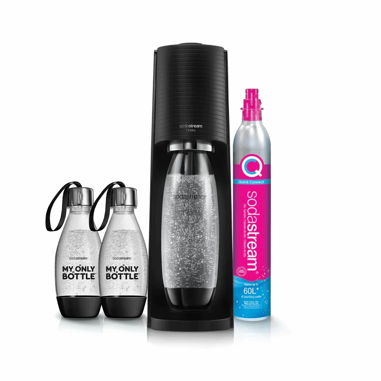 SodaStream TERRA najlepiej sprzedający się ekspres do wody gazowej | Opakowanie 1 butelka 1 l + 2 butelki 0,5 l kompatybilne z zmywarką do naczyń + 1 wkład gazu 60 l do klipsów | Czarny [Amazon