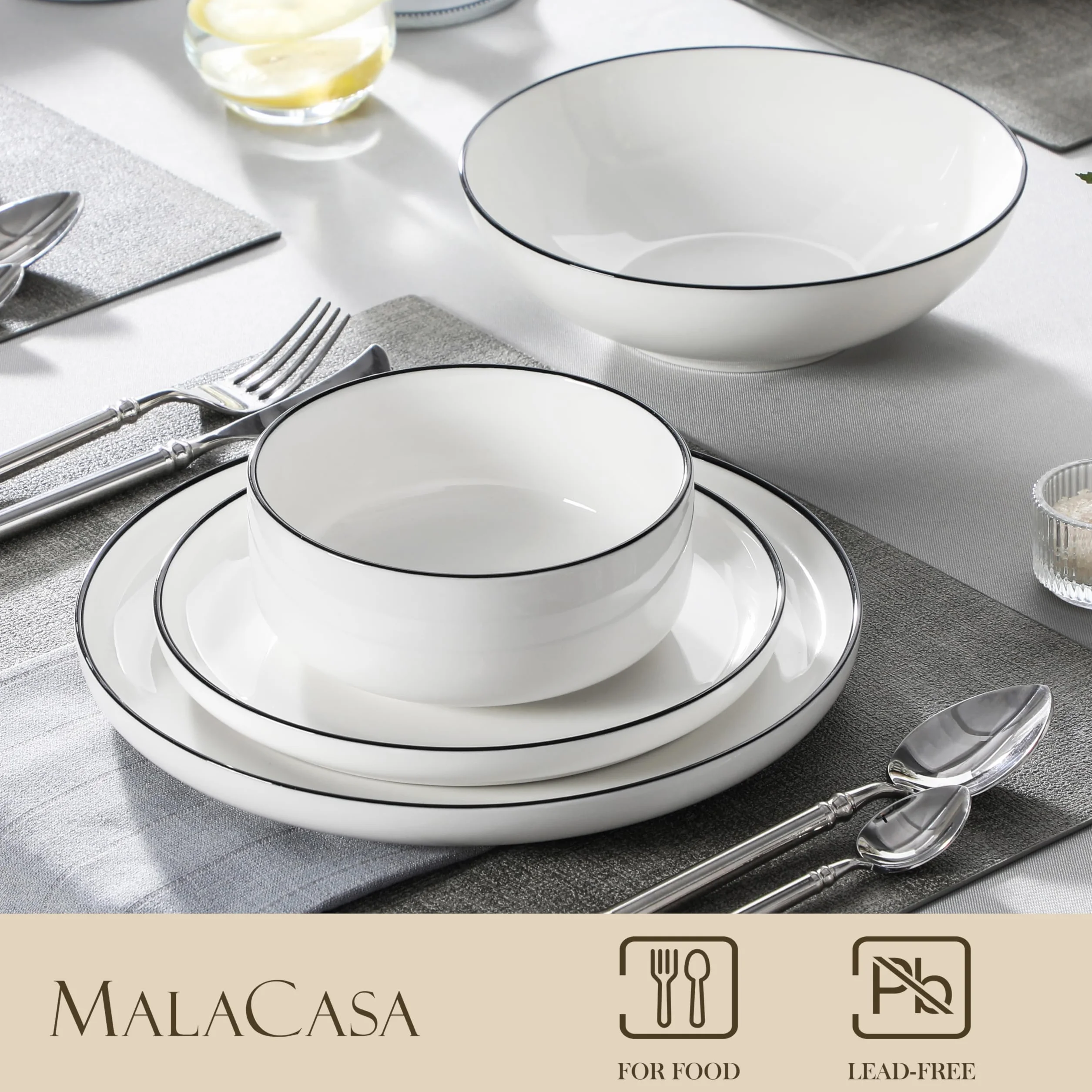 MALACASA Seria LUNA, 24-częściowy porcelanowy serwis stołowy, zestaw naczyń, biały z czarną krawędzią, po 6 talerzy obiadowych, talerzy deserowych, miseczek do musli, dla 6 osób