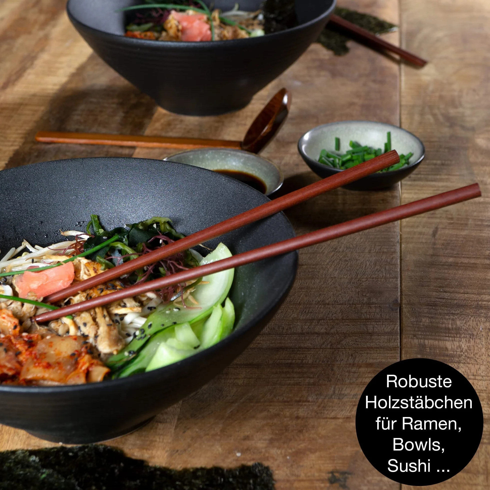 Moritz & Moritz 4 x ceramiczna miska ramen – 800-1300 ml – 24 cm Ø – czarny zestaw dla 4 osób – do zupy, pho i sushi bowl – w zestawie pałeczki i łyżeczka