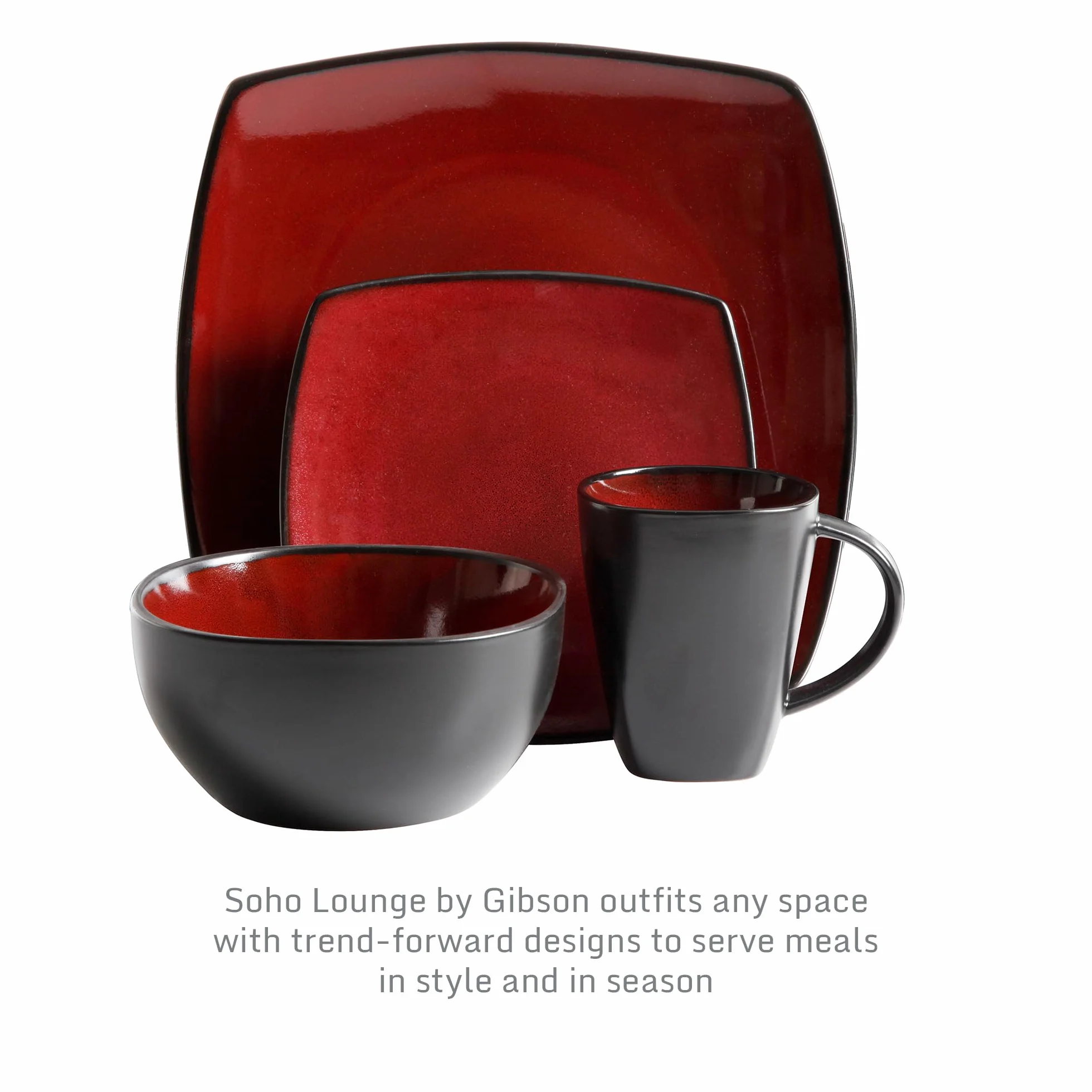 Gibson Soho Lounge 61220.16RM Kwadratowa glazura reaktywna kamionka, zestaw zastawy stołowej, czerwona