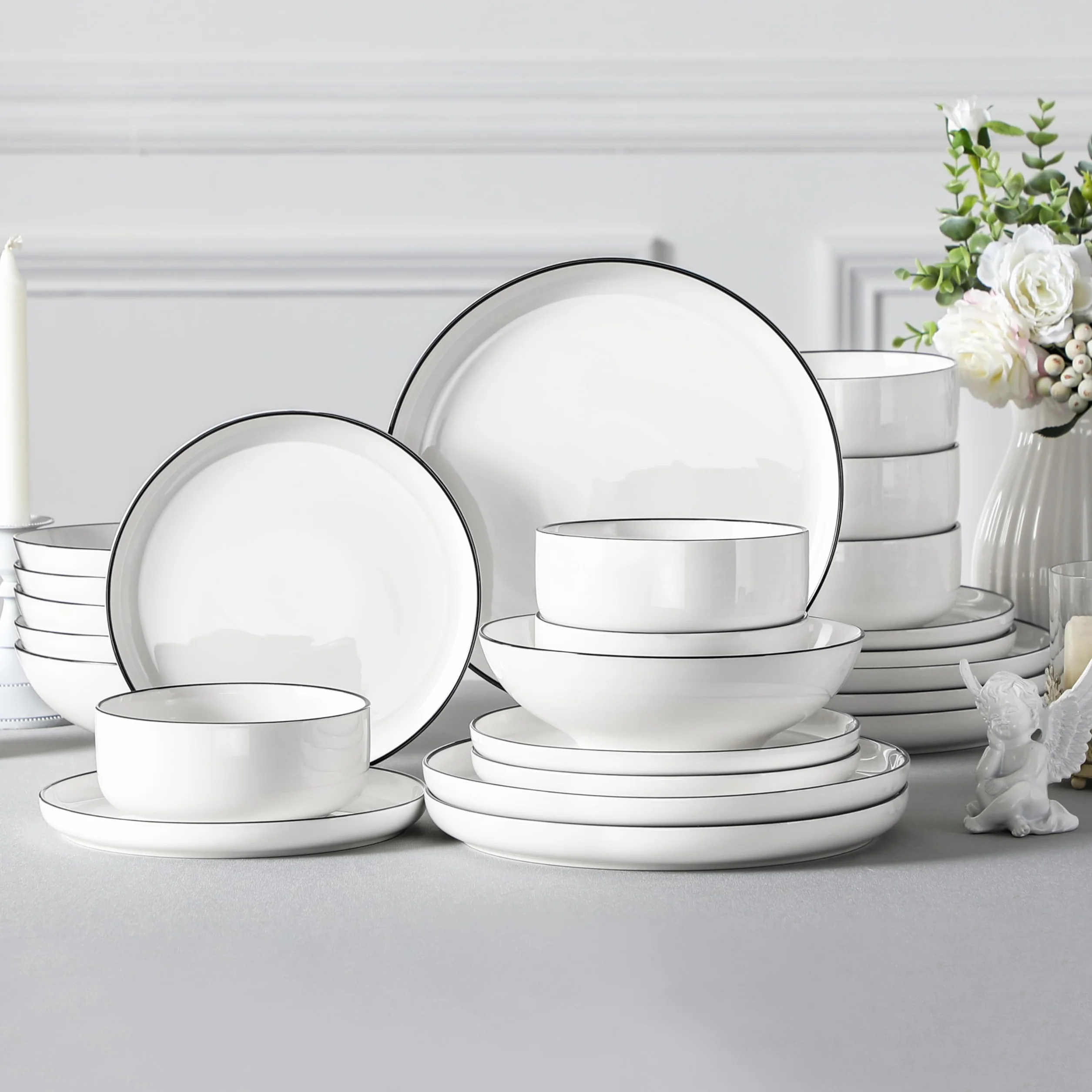 MALACASA Seria LUNA, 24-częściowy porcelanowy serwis stołowy, zestaw naczyń, biały z czarną krawędzią, po 6 talerzy obiadowych, talerzy deserowych, miseczek do musli, dla 6 osób