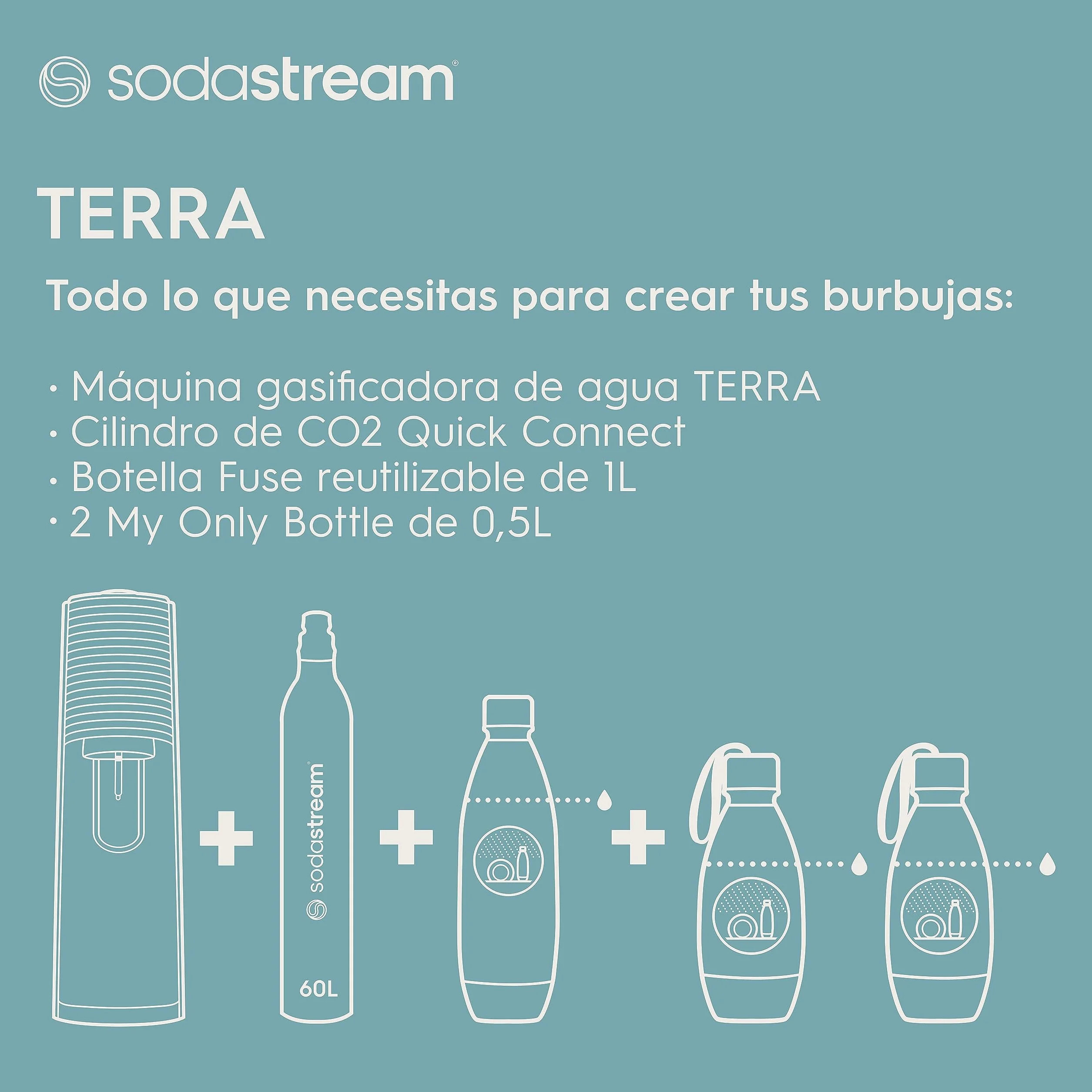 SodaStream TERRA najlepiej sprzedający się ekspres do wody gazowej | Opakowanie 1 butelka 1 l + 2 butelki 0,5 l kompatybilne z zmywarką do naczyń + 1 wkład gazu 60 l do klipsów | Czarny [Amazon