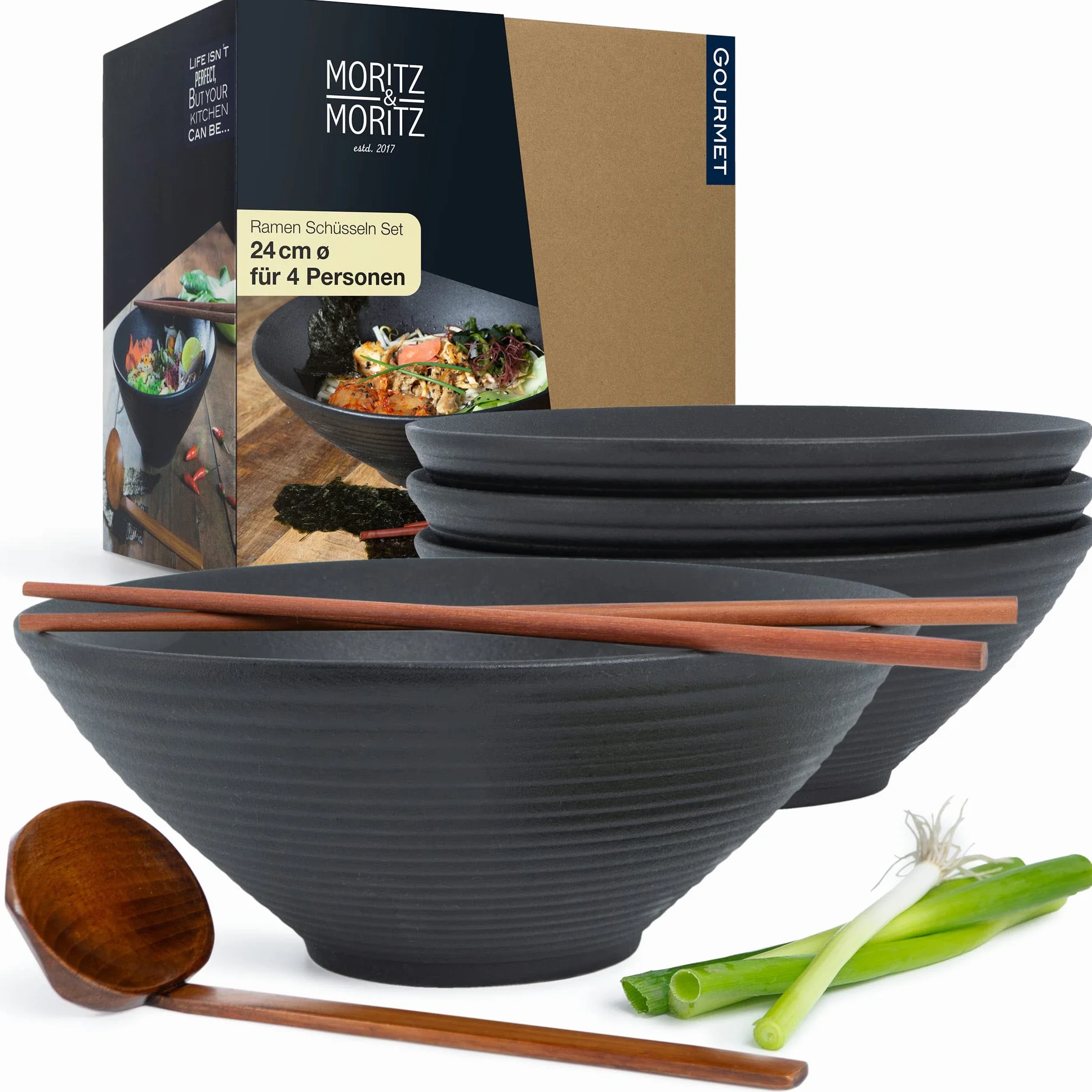 Moritz & Moritz 4 x ceramiczna miska ramen – 800-1300 ml – 24 cm Ø – czarny zestaw dla 4 osób – do zupy, pho i sushi bowl – w zestawie pałeczki i łyżeczka