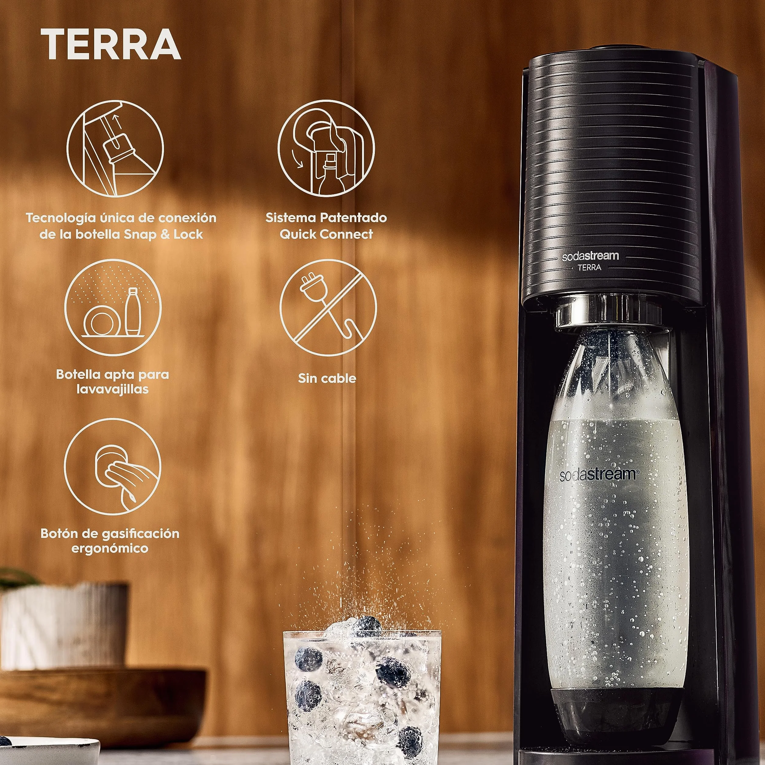 SodaStream TERRA najlepiej sprzedający się ekspres do wody gazowej | Opakowanie 1 butelka 1 l + 2 butelki 0,5 l kompatybilne z zmywarką do naczyń + 1 wkład gazu 60 l do klipsów | Czarny [Amazon