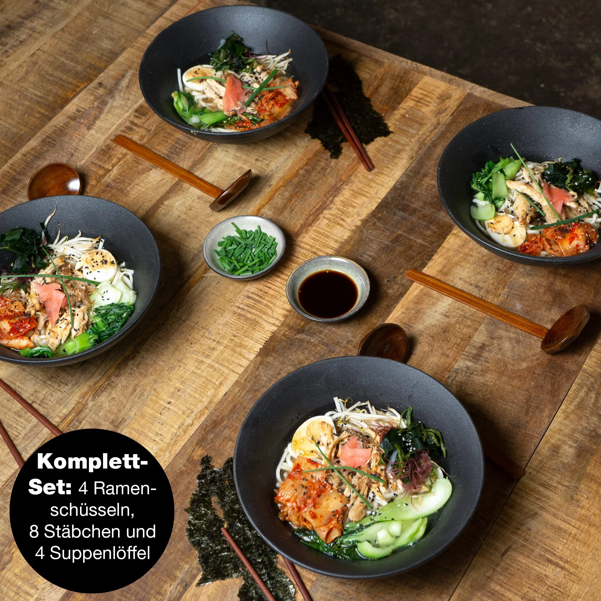 Moritz & Moritz 4 x ceramiczna miska ramen – 800-1300 ml – 24 cm Ø – czarny zestaw dla 4 osób – do zupy, pho i sushi bowl – w zestawie pałeczki i łyżeczka