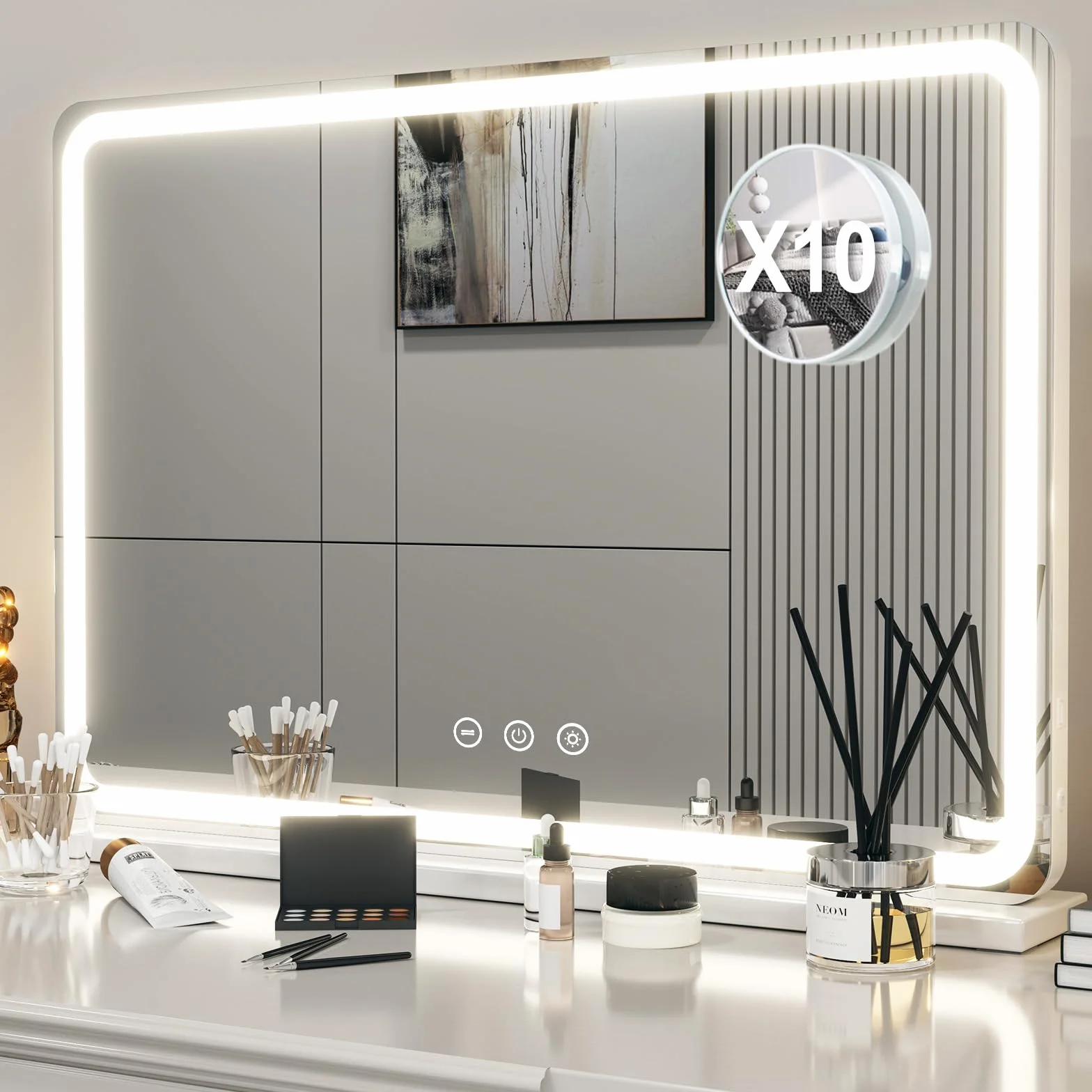 Hollywood lustro do makijażu z oświetleniem, lustro Hollywood z 3 temperaturami barwowymi, duże lusterko do makijażu z ekranem dotykowym i USB, 80 x 57 cm