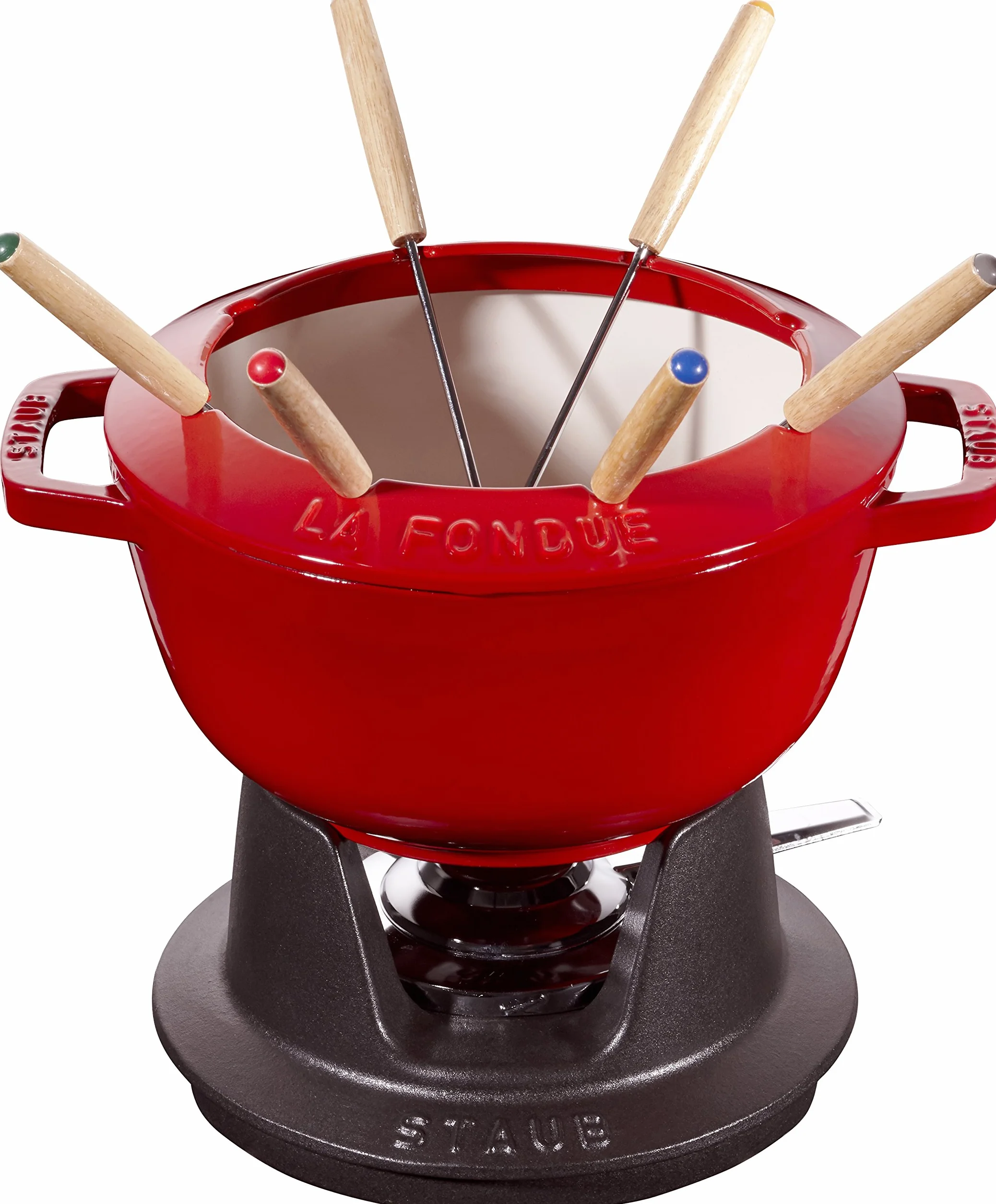 STAUB Fondue Set mit 6 Gabeln, Geeignet für Käse-, Schoko- und Fleisch-Fondue, Gusseisen, Kirschrot, 20 cm