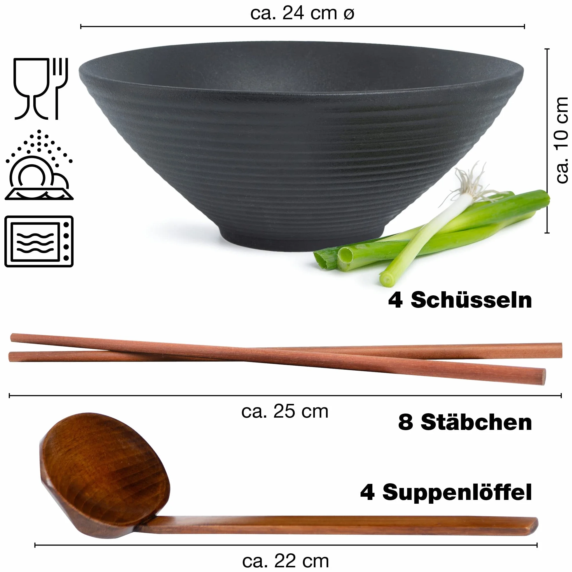 Moritz & Moritz 4 x ceramiczna miska ramen – 800-1300 ml – 24 cm Ø – czarny zestaw dla 4 osób – do zupy, pho i sushi bowl – w zestawie pałeczki i łyżeczka